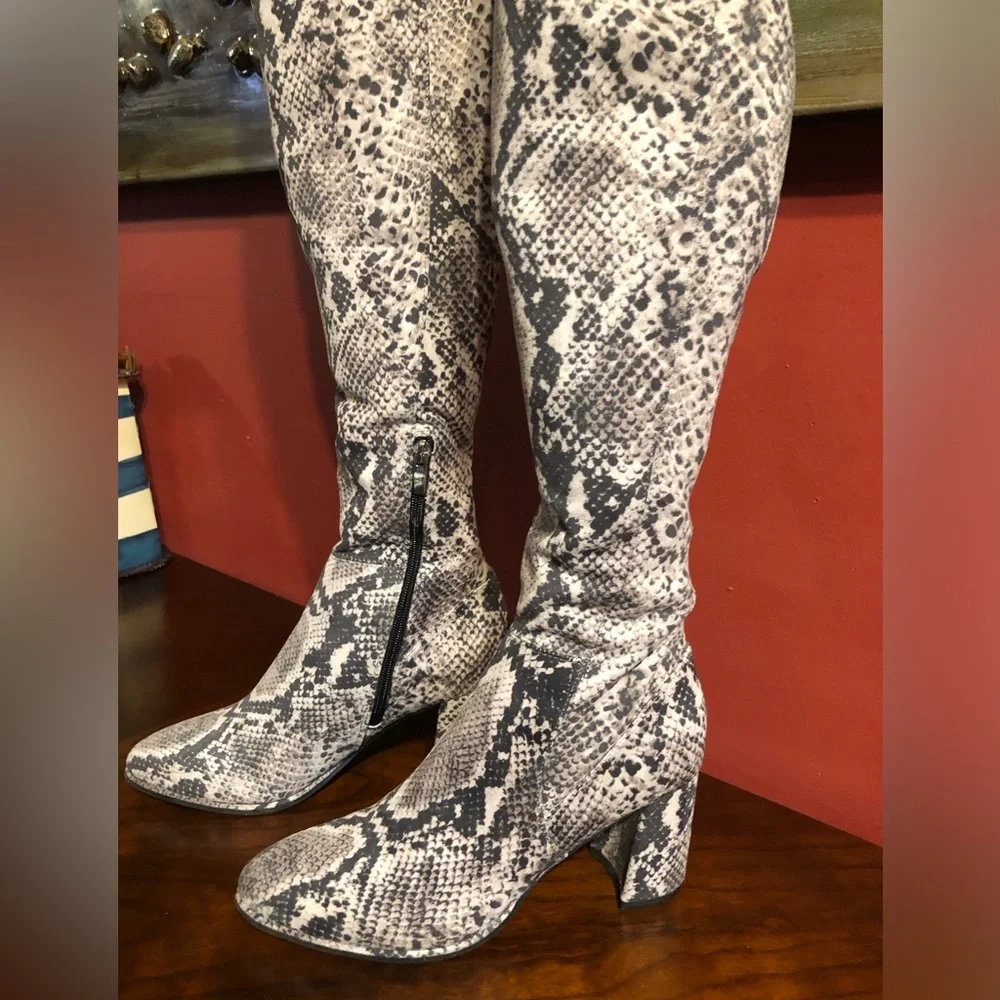 Snake-Print Over-the-Knee Block Heel Boots - Women